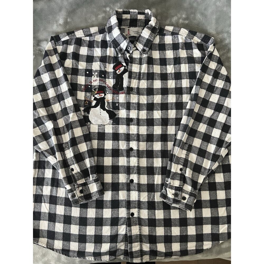 Lighthouse Apparel Black/White Checkered Long-sleeve Flannel Snowman Women’s L